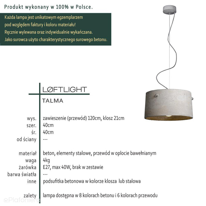 Betonowa lampa wisząca - do salonu sypialni, nowoczesna industrialna (1xE27) (Talma) Loftlight