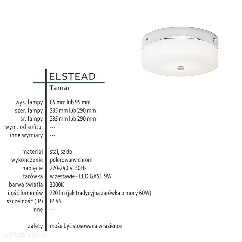 Lampa sufitowa chrom (23/29cm) - plafon do łazienki salonu sypialni (GX53 9W) Elstead (Tamar)
