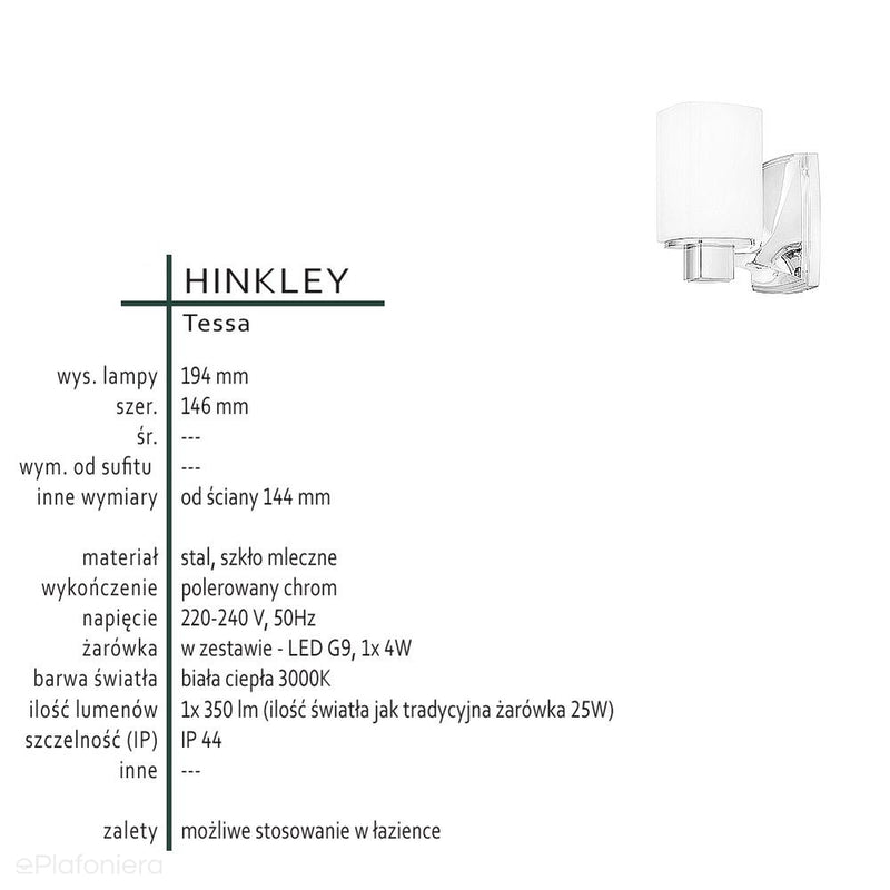 Lampa łazienkowa ścienna - kinkiet chrom, mleczne szkło (G9 1x4W) Hinkley (Tessa)