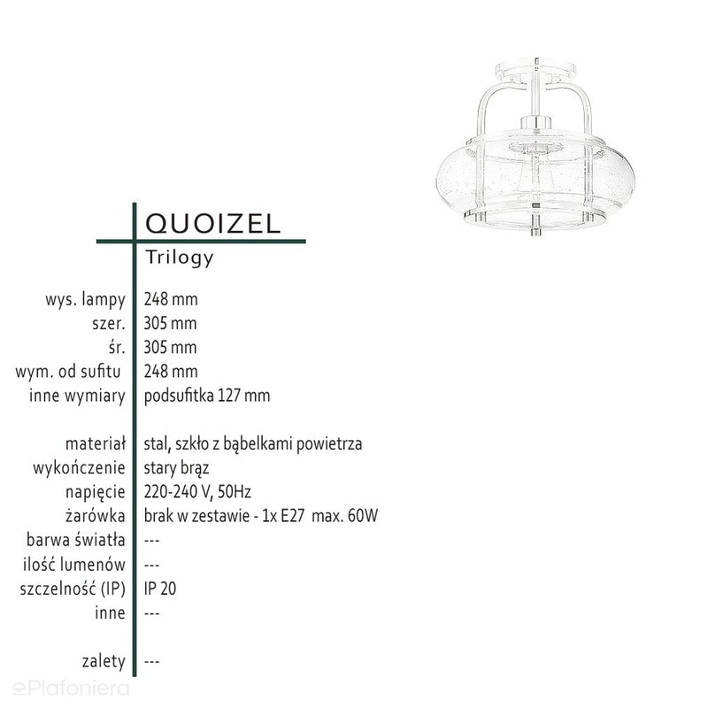 Sufitowa lampa szklana 30cm (brąz, 1xE27) plafon do kuchni jadalni salonu Quoizel (Trilogy)
