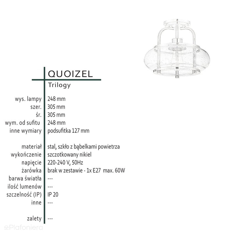 Sufitowa lampa szklana Trilogy - 30cm (szczotkowany nikiel, 1xE27) - Quoizel, plafon do kuchni / łazienki / salonu