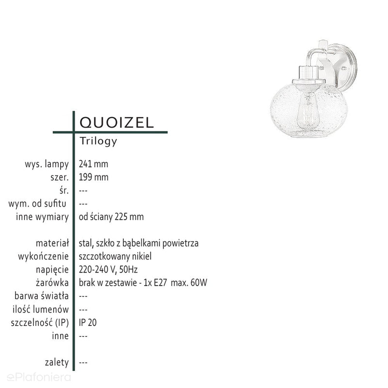 Ścienna lampa szklana - kinkiet (nikiel, 1xE27) do kuchni jadalni salonu, Quoizel (Trilogy)