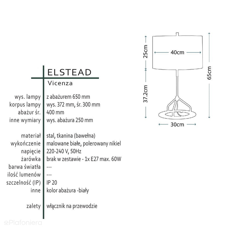 Nowoczesna lampa stołowa Vicenza z bawełnianym abażurem - Elstead, 65cm, (nikiel - biała) do salonu / sypialni / gabinetu (1xE27)