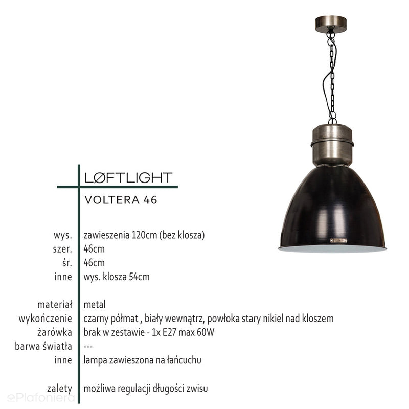 Czarna loftowa lampa wisząca Voltera 46cm Nikiel LoftLight