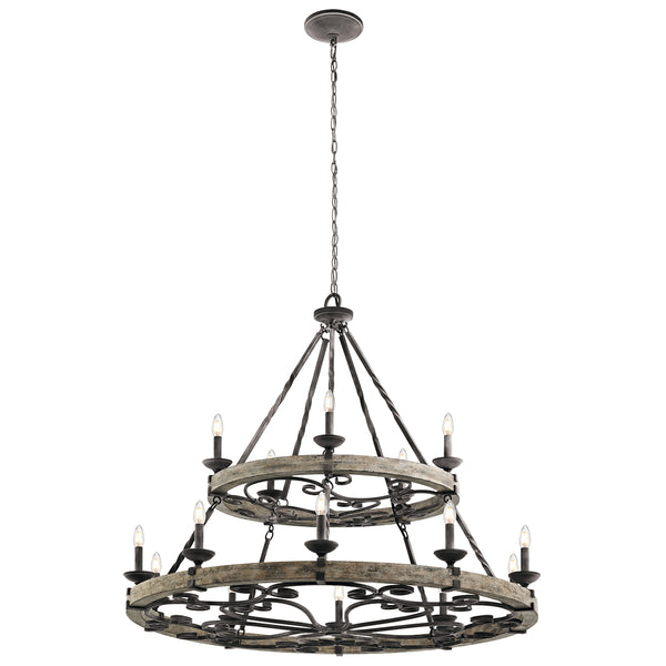 Lampa wisząca - zamkowy żyrandol (drewno, metal, 112cm) do salonu holu (15xE14) Kichler (Taulbee)