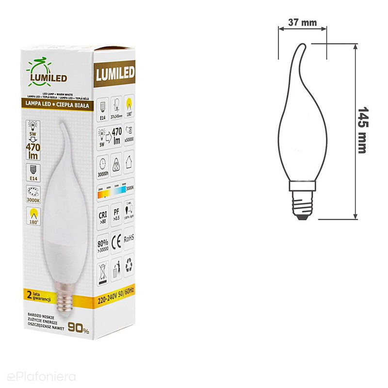 Żarówka LED E14 mleczna (płomyk 5W=50W) (470lm, 3000K) Lumiled/LEDZARMI037