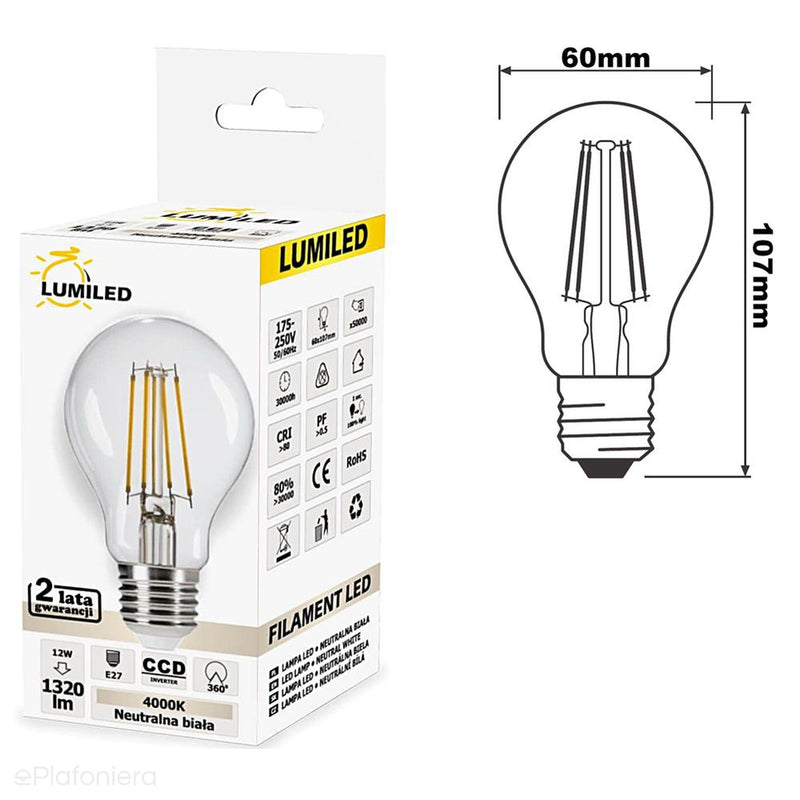 Żarówka LED E27 Filament (A65, 12W=90W) (1320lm, 4000K/3000K) Lumiled/LEDZARMI425