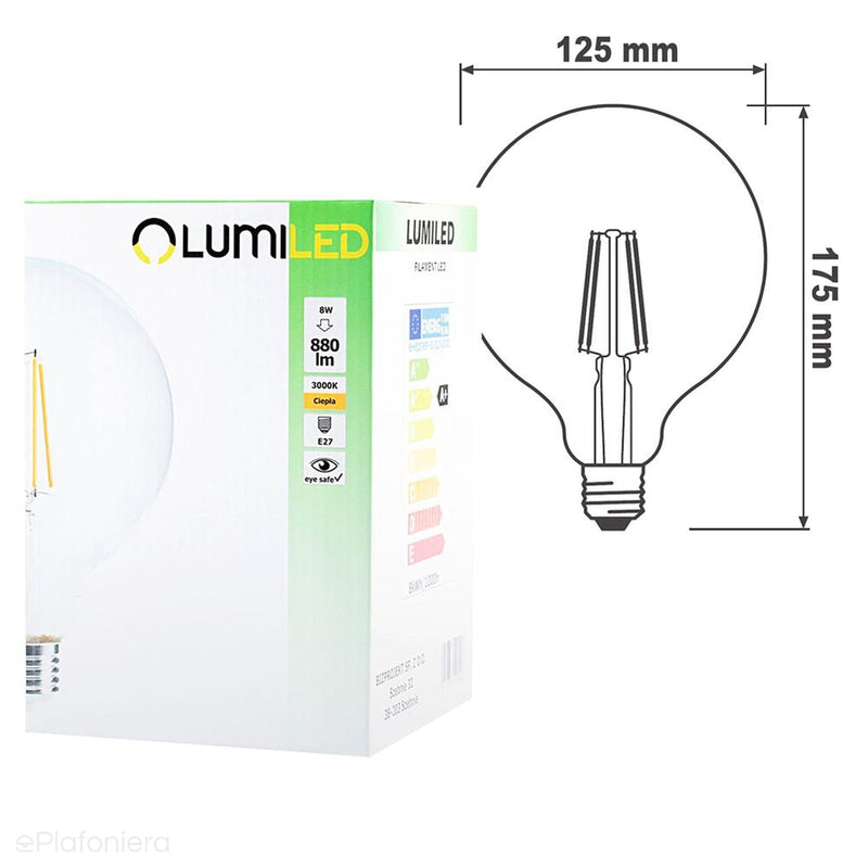 Żarówka LED E27 Filament (G125, 8W=65W) (880lm, 3000K) Lumiled/LEDZARMI610