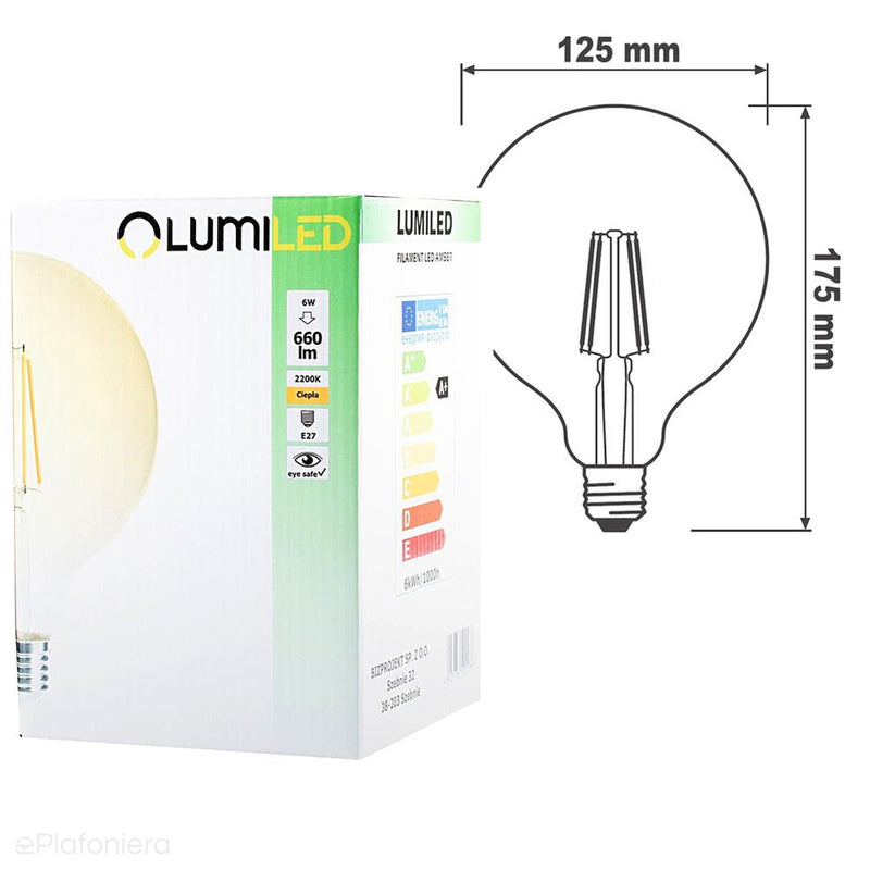 Żarówka LED E27 Filament (G125, 6W=50W) (660lm, 2200K) Lumiled/LEDZARMI820