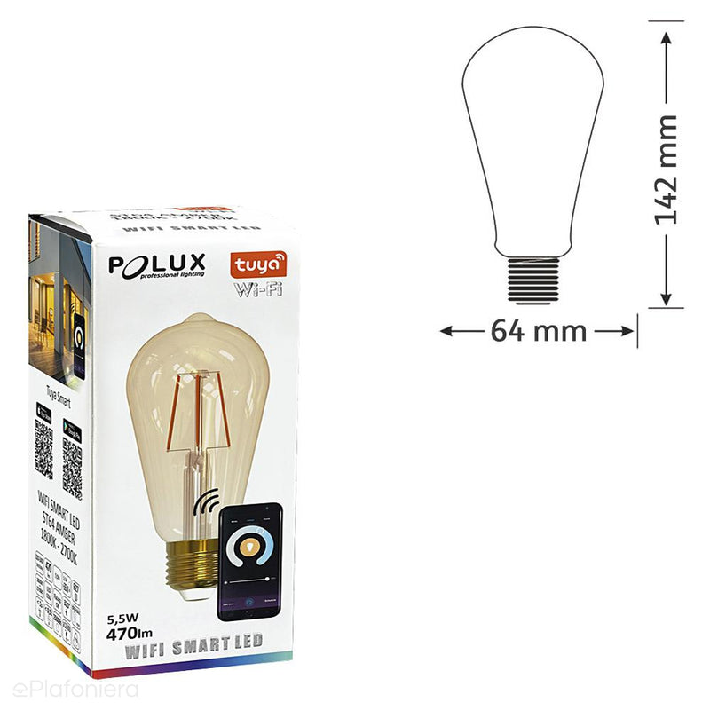 Żarówka Smart WiFi, LED E27 Filament (Edison ST64, 5,5W - 470lm) (1800K - 2700K) Polux/SANTUY0220