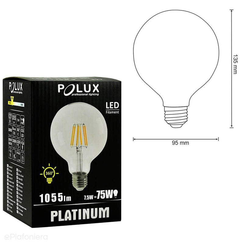 Żarówka LED E27 Filament (G95, 7,5W = 75W) (1055lm, 3000K) Polux/SANLD0233