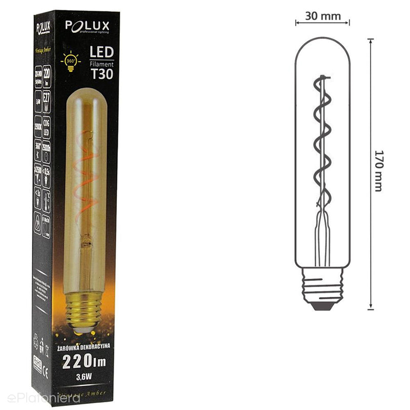 Żarówka LED E27 Filament spirala (T30, 3,6W = 20W) (220lm, 3000K) Polux/SANLED0590